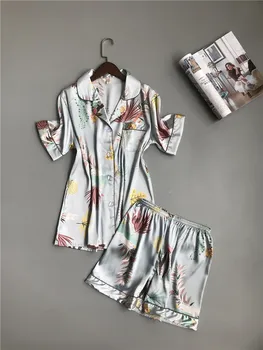 

Pajama Women Satin Silk Pajama Sleeveless Floral V Neck Top Sleepwear High Waist Shorts Ladies Hot Summer Underwear