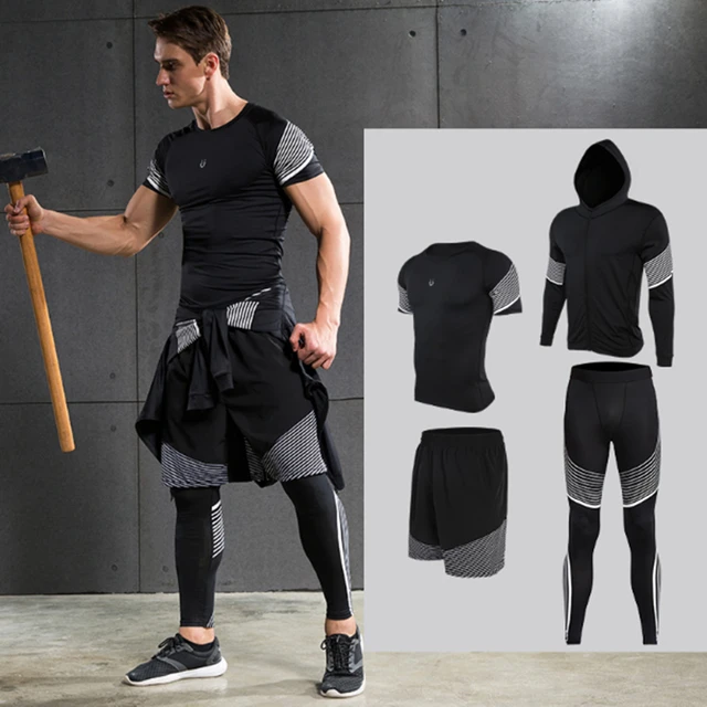 4 pieces Running Sets Men’s Sportswear Compression Tights For Fitness Running Basketball Soccer Jersey Gym Clothing