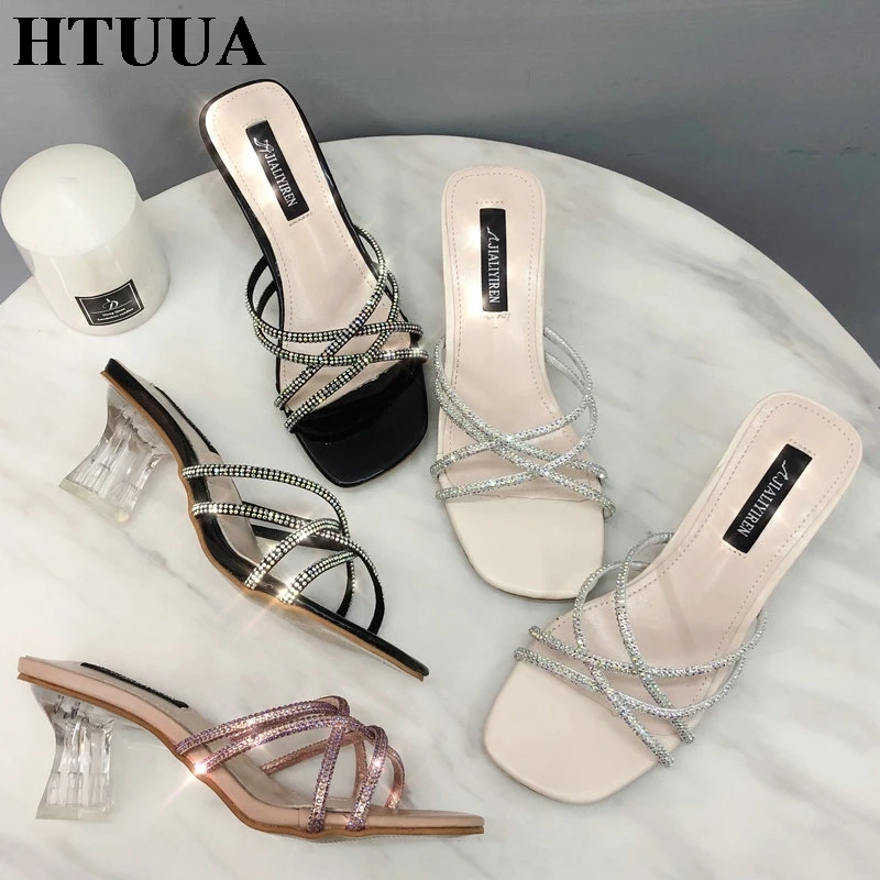 

HTUUA 2019 Fashion Cross Strap Crystal Slippers Women Transparent Heel Sandals 7CM High Heels Slides Summer Sandals SX2682