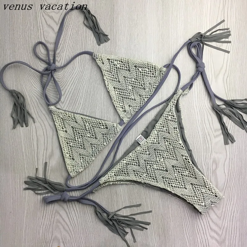 

2017 Vintage Sexy Crochet Lace Fringe Biquini Micro String Halter Swimsuit Swim Wear Bathing Suit Swimwear Women Push Up Bikini