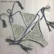 2017 Vintage Sexy Crochet Lace Fringe Biquini Micro String Halter Swimsuit Swim Wear Bathing Suit Swimwear Women Push Up Bikini