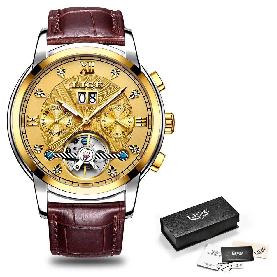 LIGE Для мужчин часы мужской лучший бренд класса люкс автоматические механические часы Для мужчин Водонепроницаемый полный Сталь Бизнес часы Relogio Masculino - Цвет: L Full Gold