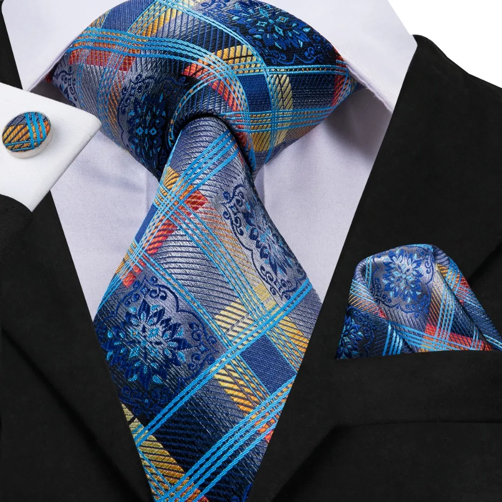 

Hi-Tie 100% Silk Mens Ties Wedding Party Blue Tie Set Plaid Designer Necktie Pocket Square Cufflinks Silk Necktie 8.5cm C-3072