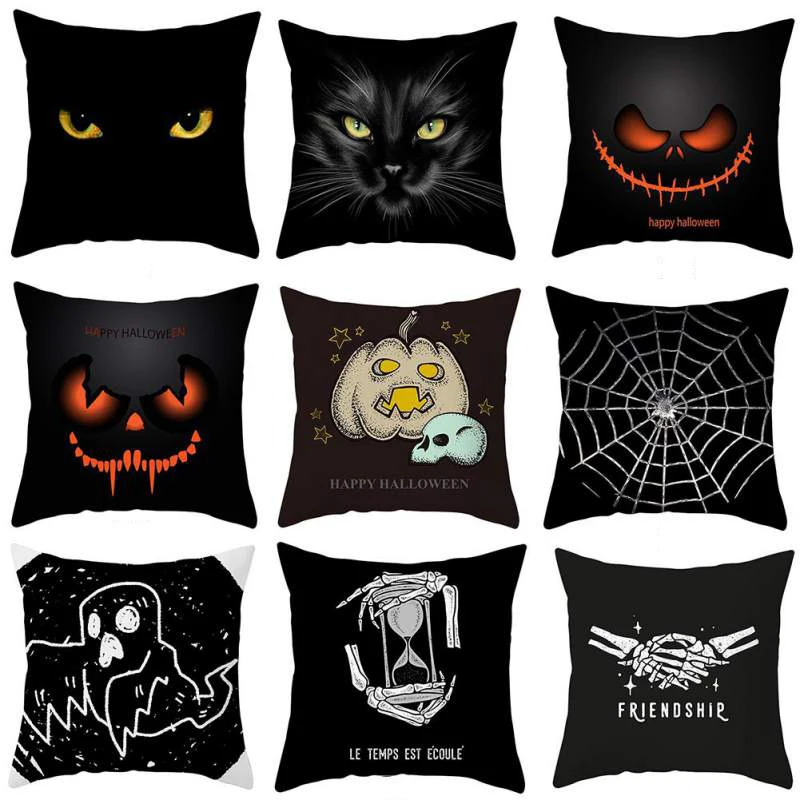 

45cm*45cm Halloween Peach Velvet Pillowcase Cat Ghost Witch Pumpkin Printed Square Pillowcase Home Pillowcase