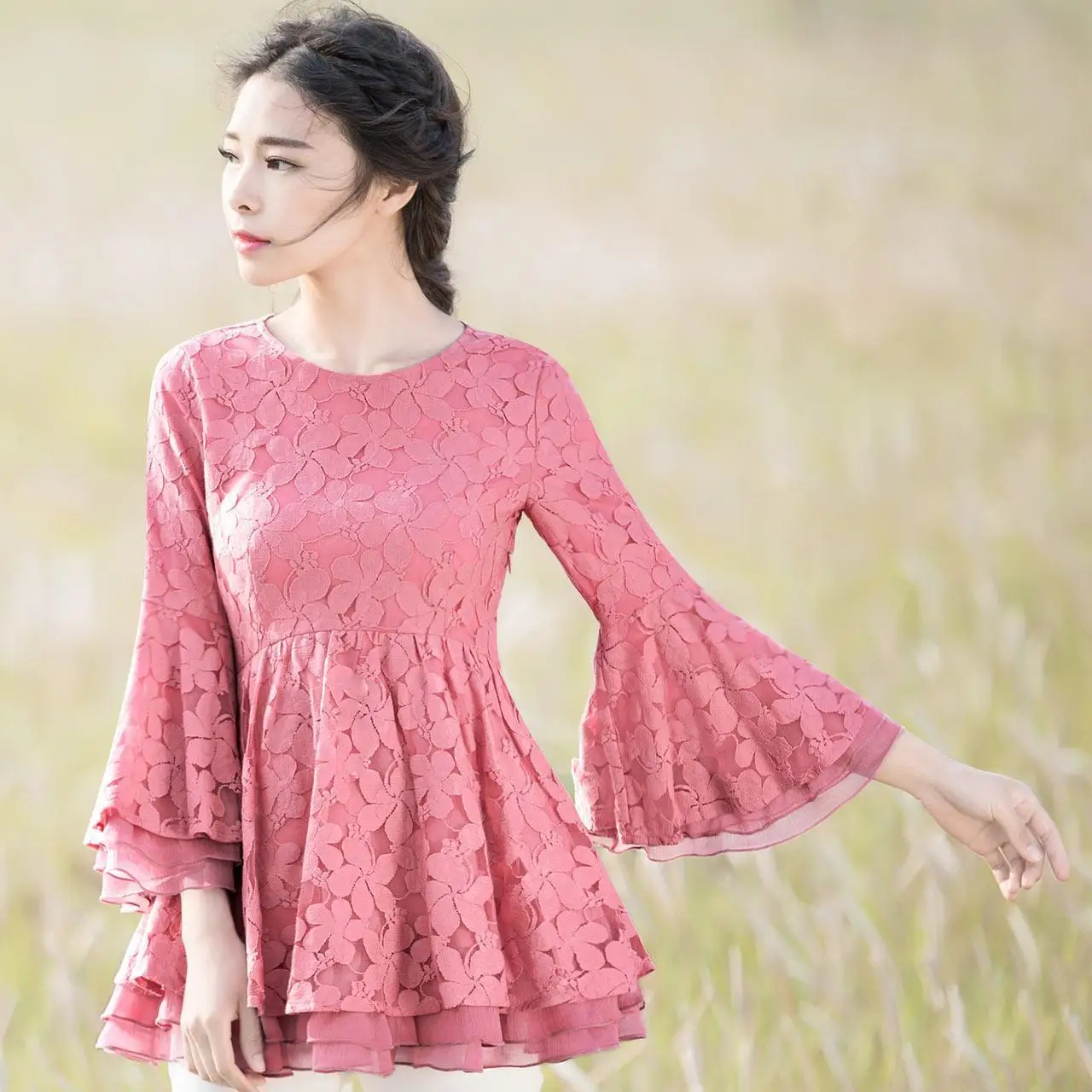 Original 2017 Fashion Spring Three Quarter Flare Sleeve Elegant Lace font b Shirts b font Solid