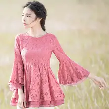 Original 2017 Fashion Spring Three Quarter Flare Sleeve Elegant Lace font b Shirts b font Solid