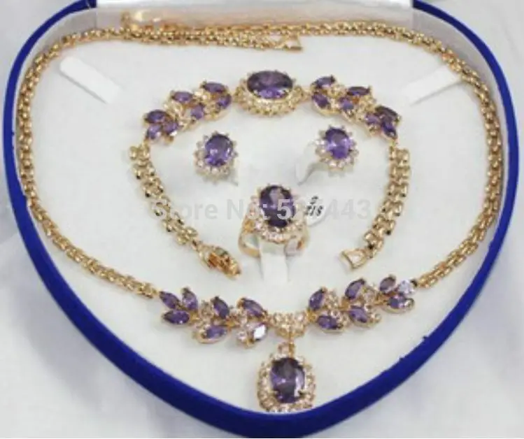 

Wholesale 8K Yellow Gold GP Inlay Purple Crystal Necklace Bracelet Earring Ring 1set (A0503)