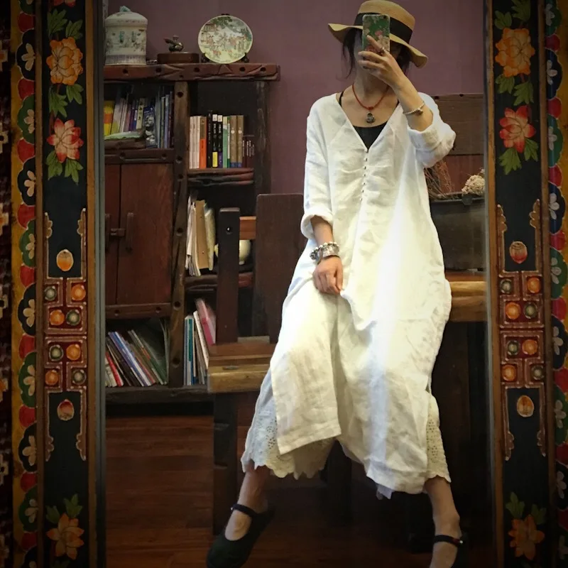 Johnature Новое Белое Свободное платье с v-образным вырезом для женщин льняное платье с рукавом семь осеннее винтажное женское платье с пуговицами