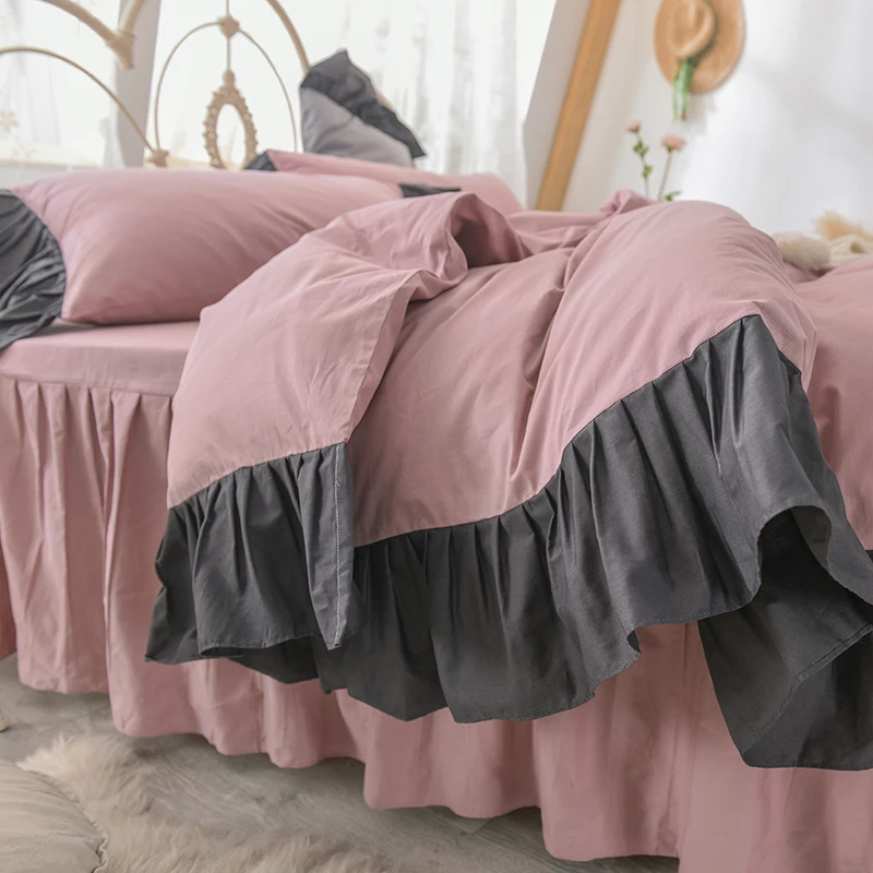 Black Ruffles Bedding Set Duvet Cover Pillowcase Bed Skirt Set Pure