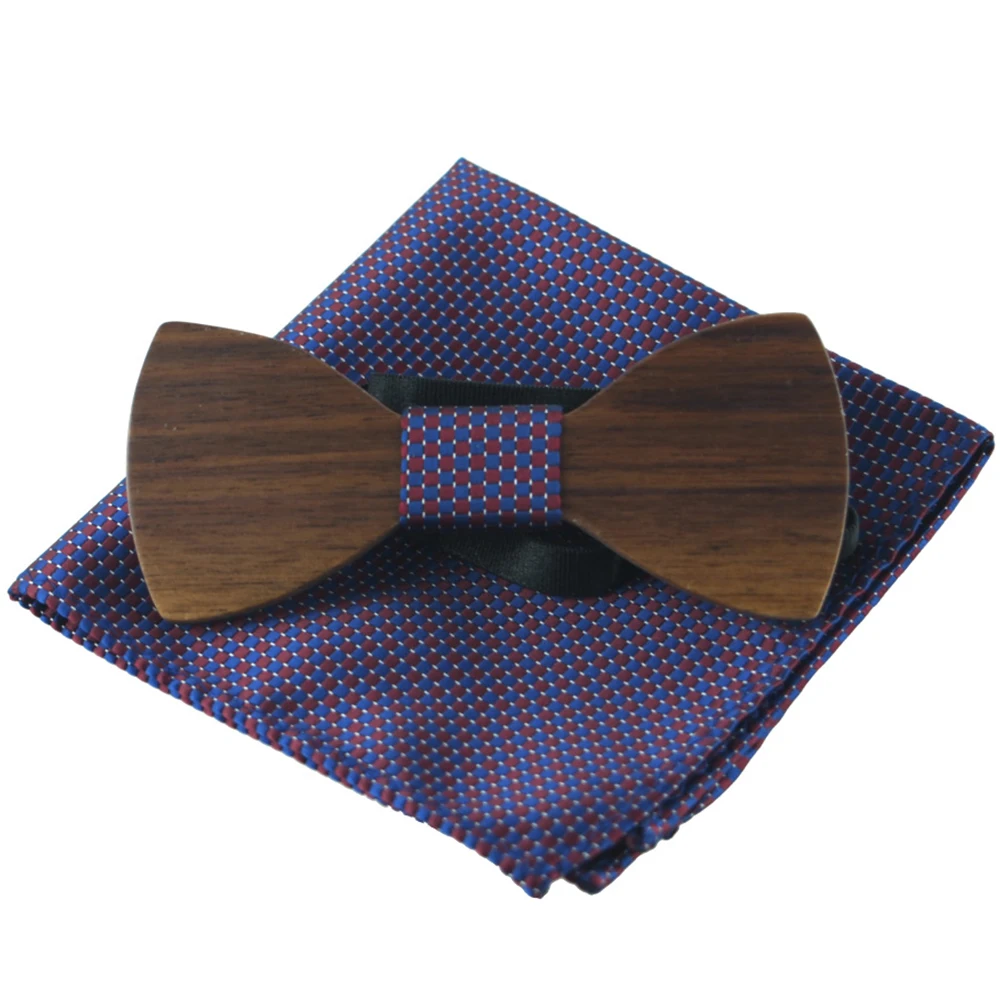  RBOCOTT Fashion Novelty Paisley Wooden Bow Tie And Handkerchief Set Men's Plaid Bow Tie Wood Hollow