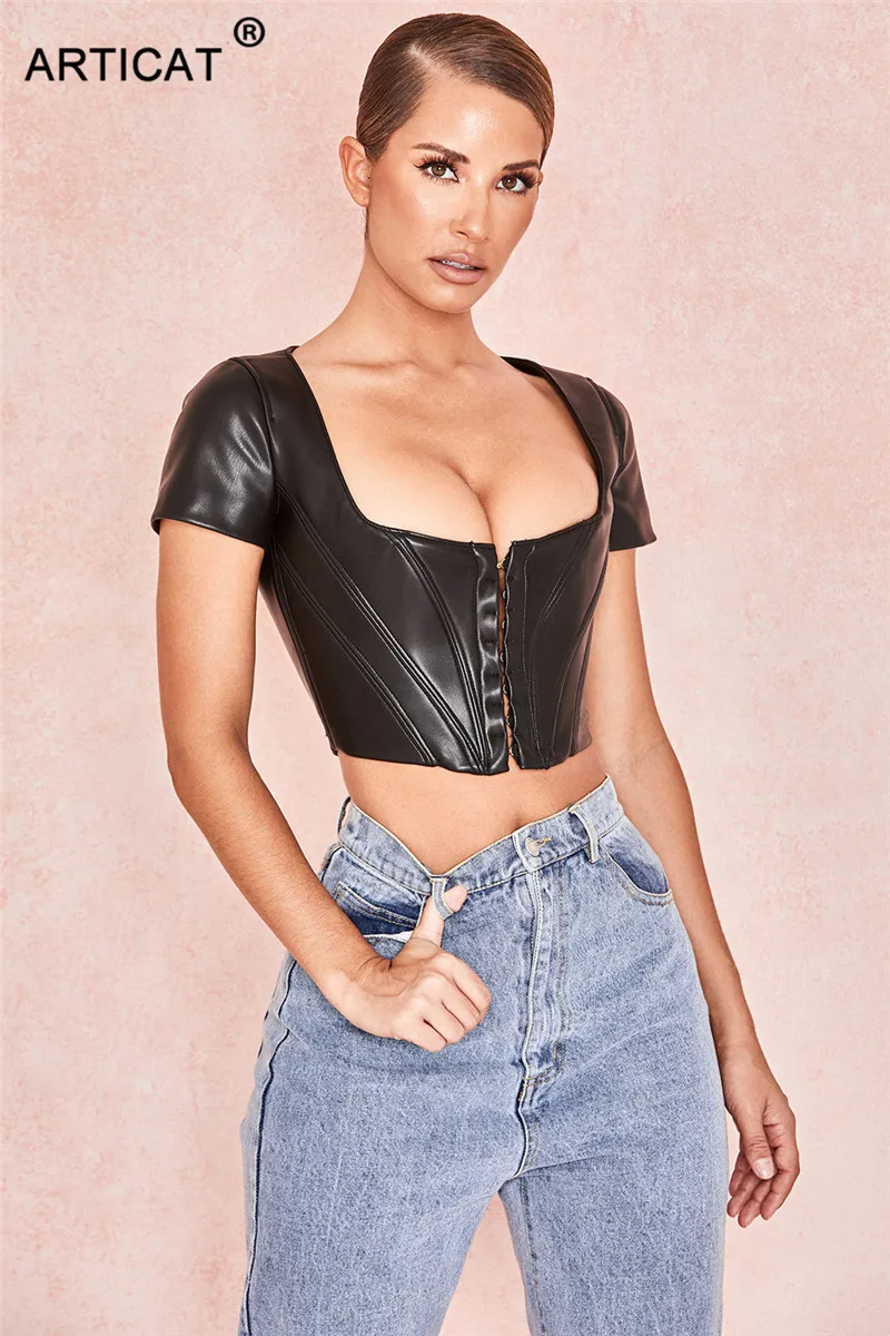 Articat Black PU leather Sexy Corset Crop Tops For Women Single Breasted Short Tank Top Summer Solid Casual Women Crop Top Tees