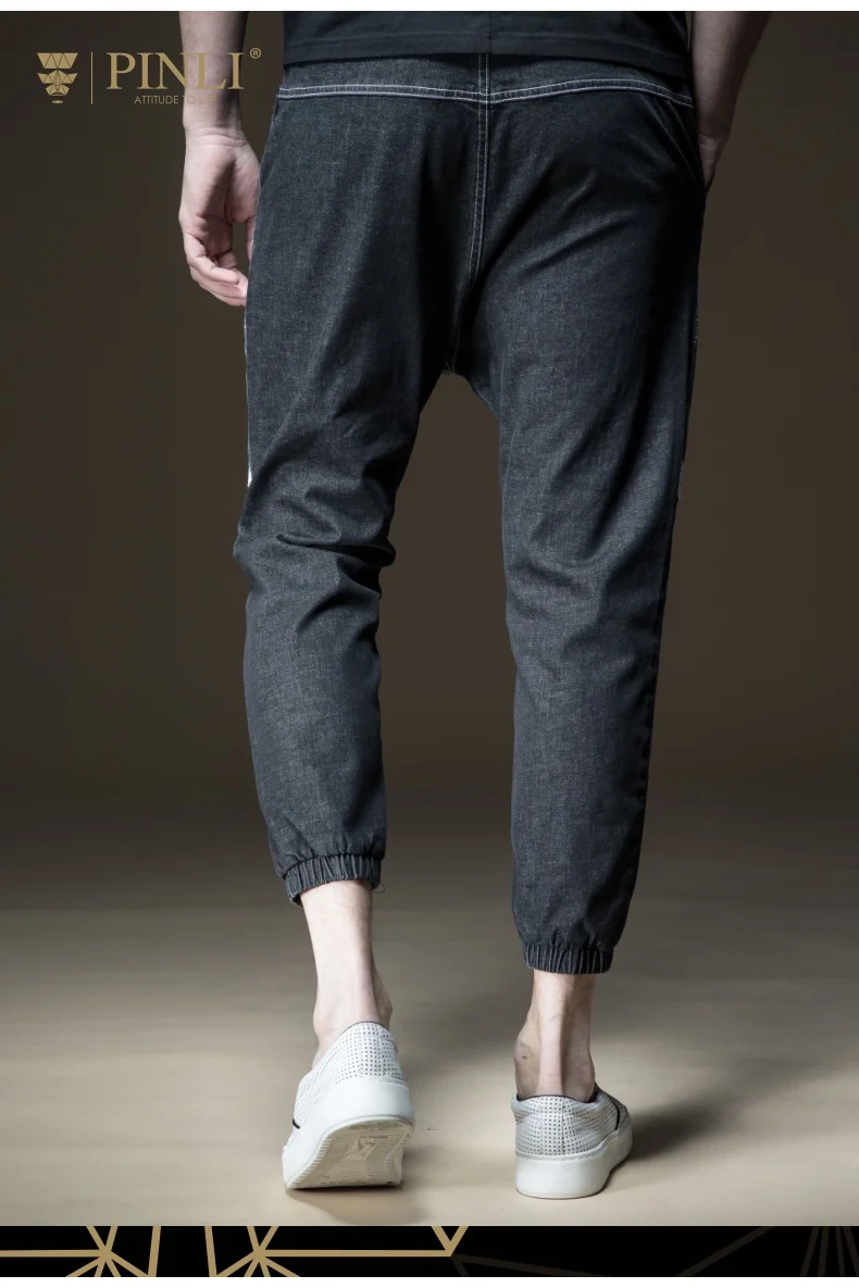 Темно-синяя Дизайнерская одежда Pinli на шнурке, новинка, летние мужские тонкие джинсовые штаны с принтом B182316480