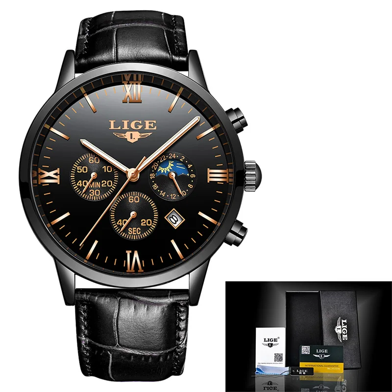 LIGE Mens Watches Top Brand Luxury Fashion Watch Men Leather Quartz Clock For Male Auto Date Rose Gold Shell relogio masculino - Цвет: All black