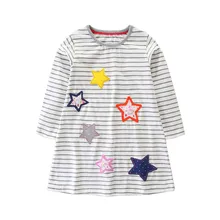 Новые полосатые платья с геометрическим рисунком для маленьких девочек с аппликацией, милые детские платья с длинными рукавами и звездами, весенне-осенняя одежда Лидер продаж, платье