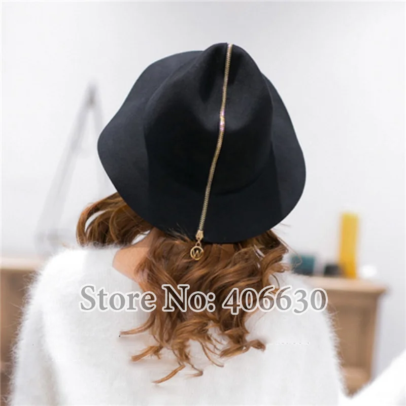 Зимние черные шерстяные фетровые шляпы для женщин на молнии с широкими полями, шляпы-федоры от солнца, BMDW021