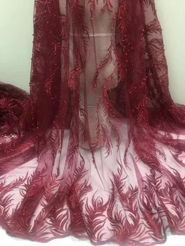 

latest african Tulle lace 2018 French Net Beaded Lace Fabric For Wedding royal wine red Embroidery african lace fabric party