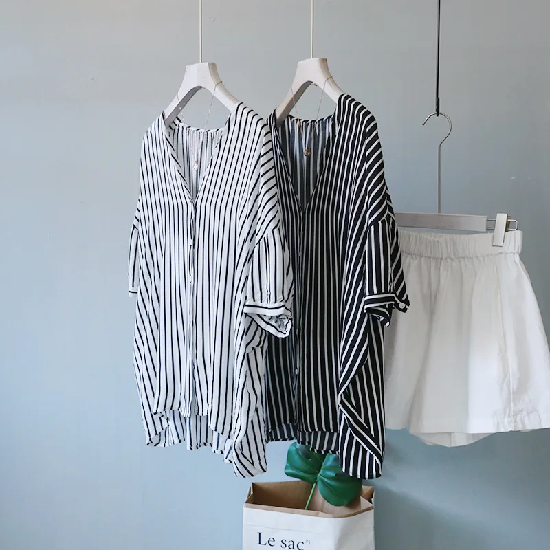 Blouses Casual Shirt Women Striped Button Casual Women Tops And Blouses 2018 Shirt Female Short-sleeved Loose V Neck Casual Top