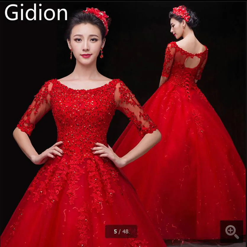 2015 new arrival red ball gown half sleeve beads wedding dresses princess scoop neck appliques