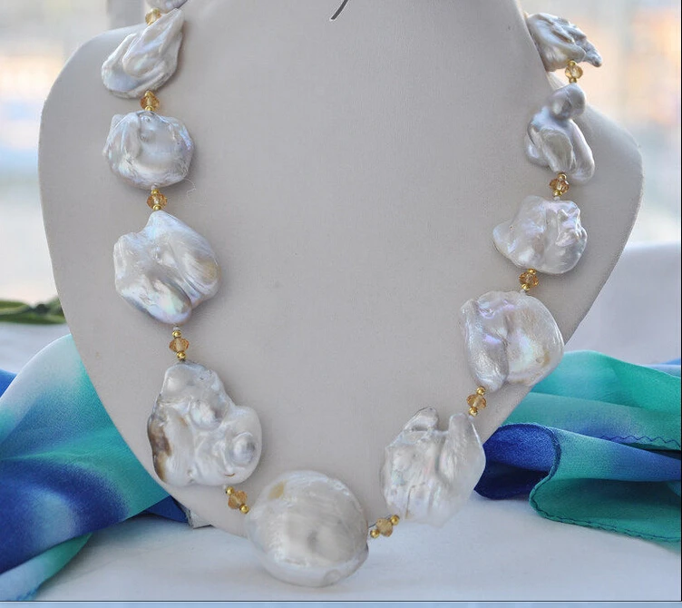 

Free shipping@@@@@ Az4897 Big 40mm white baroque keshi reborn pearl necklace 23inch a