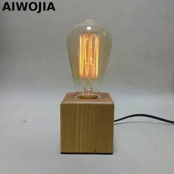 

Vintage Wooden Edison Table Lamp Wood For Living Room Study Cube Creative Desk Lamp Decorate Retro Desk Lamps Bedside Lamp