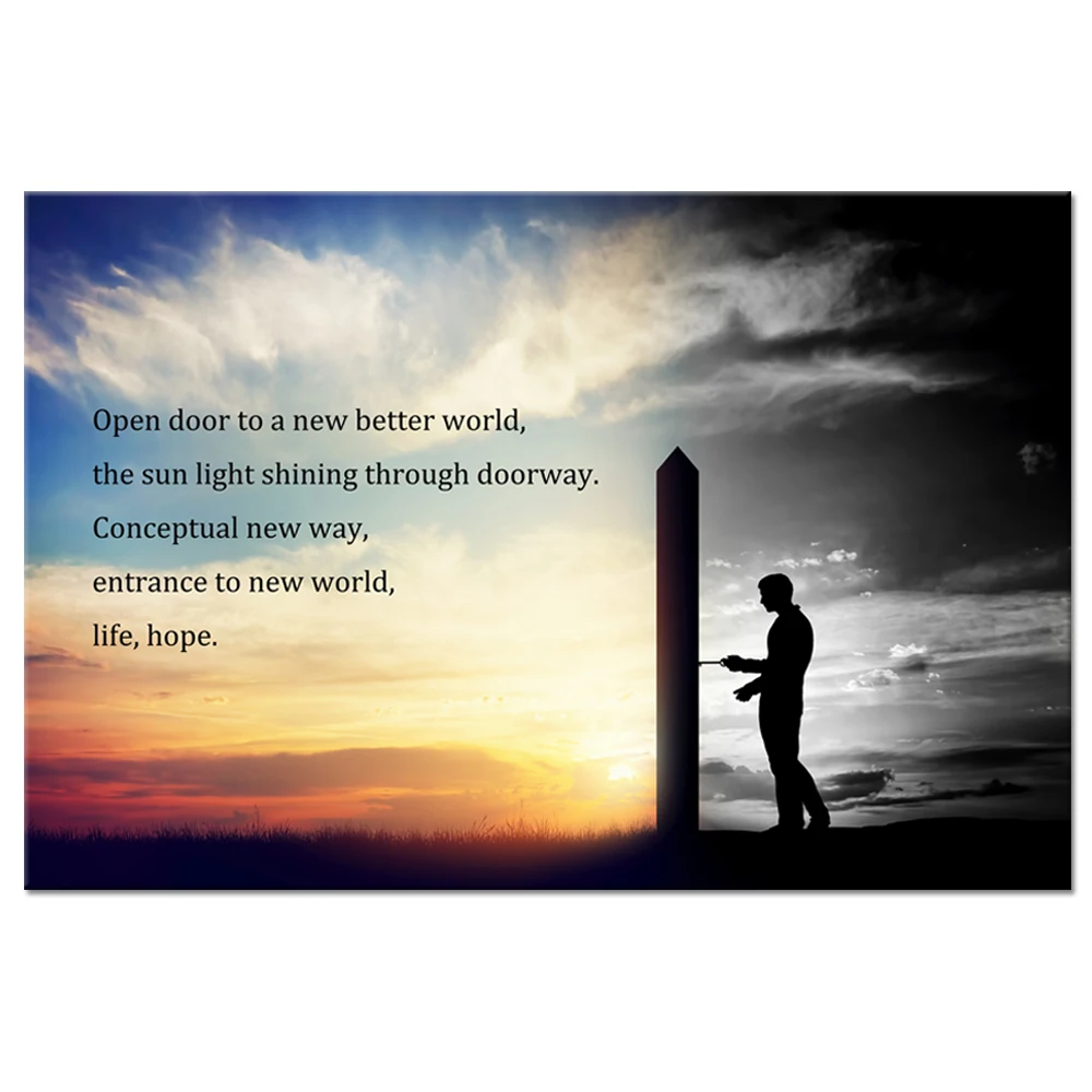 

Large Canvas Wall Art Man Trying Open Door to New Better World Conceptual Change Motivation And Inspiration Quote Print Poster