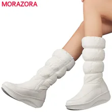 MORAZORA/Большие размеры 35-44; новые модные зимние сапоги; обувь на платформе; женские сапоги до середины икры; однотонные белые сапоги на молнии