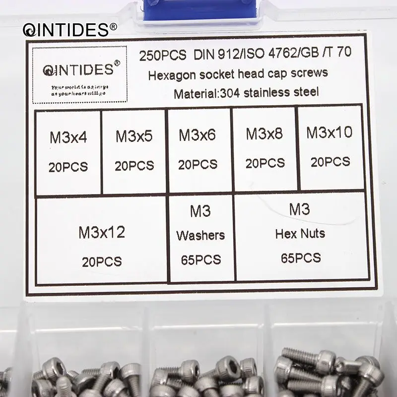 QINTIDES 250Pcs/set DIN912 M1.6 M2 M2.5 M3 304 Stainless Steel Hexagon Socket Head Cap Screws Bicycle Hex Bolts Assortment Kit