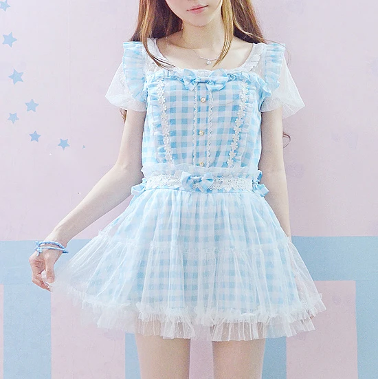 Kawaii/мини-юбка в клетку для девочек Moe; Двухслойная юбка Феи Kei в стиле Лолиты; цвет розовый, синий; милая летняя юбка