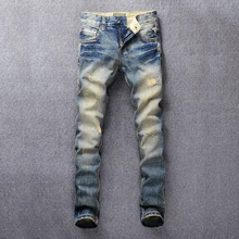 Fashion Streetwear Men Jeans Slim Fit Destroyed Ripped Jeans For Men Vintage Design Patch Embroidery Classical Jeans Denim Pants newsosoo fashion men streetwear ripped jeans pants personality distressed patch denim trousers multi zippers patterns embroidery