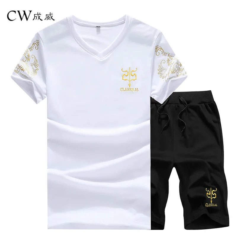 Летние мужские комплекты из 2 предметов 2019 новые комплекты с короткими рукавами с принтом (футболка + шорты) Модные Повседневные облегающие