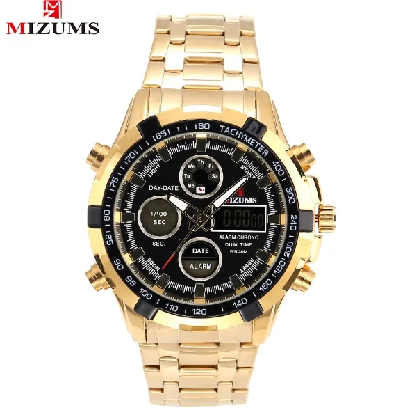 Модные часы для мужчин Mizums золотые полностью стальные цифровые часы для мужчин спортивные кварцевые часы Dual Time Relogio Masculino Esportivo - Цвет: Небесно-голубой