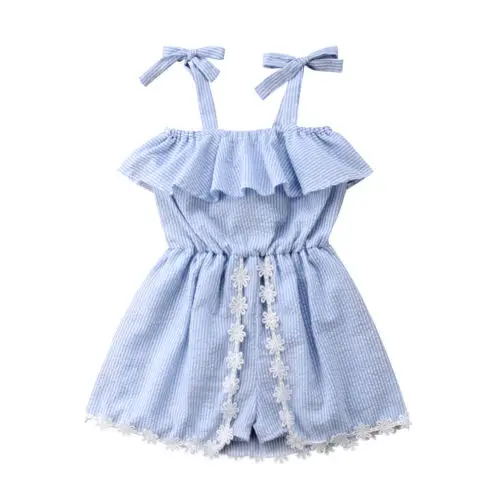 

1-6Y Kids Baby Girls Lace Flower Striped Romper Dress Strap Ruffles Blue Summer Rompers Jumpsuit Sundress Outfits