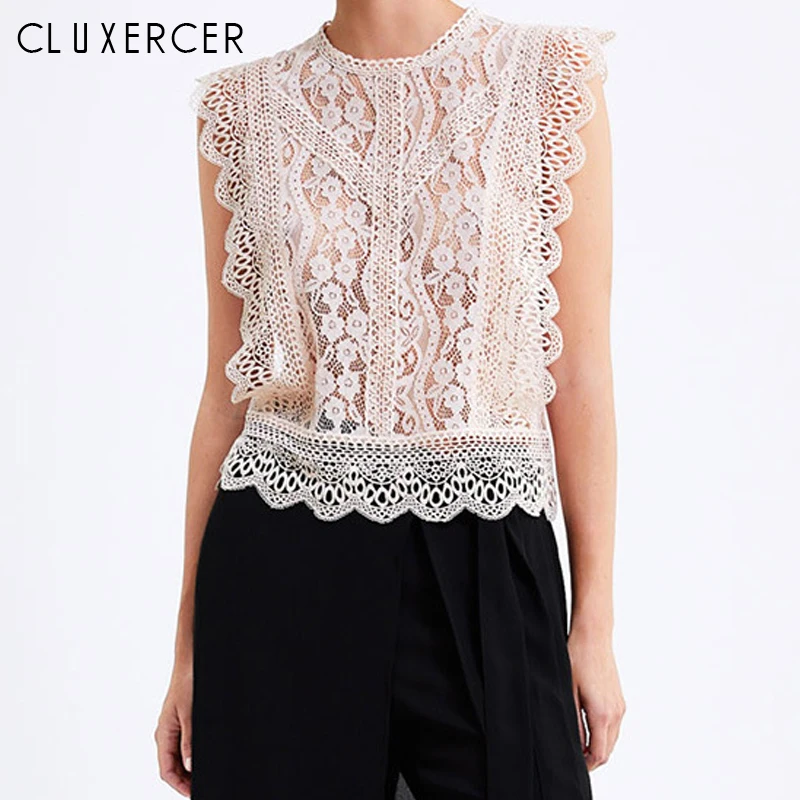 

Summer Lace Tank Top Women Sleeveless Slim Casual Vest Tops O Neck Shirt White Female Summer Tees