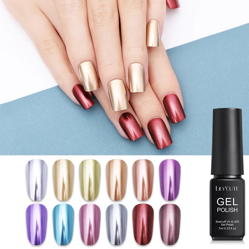

LILYCUTE 7ml/5ml Metallic Gel Nail Polish Silver Rose Gold Long Lasting Nails Soak Off Nail Art UV Gel Varnish 14 Colors
