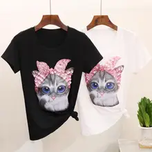 Новинка, летняя женская футболка с коротким рукавом и круглым вырезом, с принтом кота, с блестками