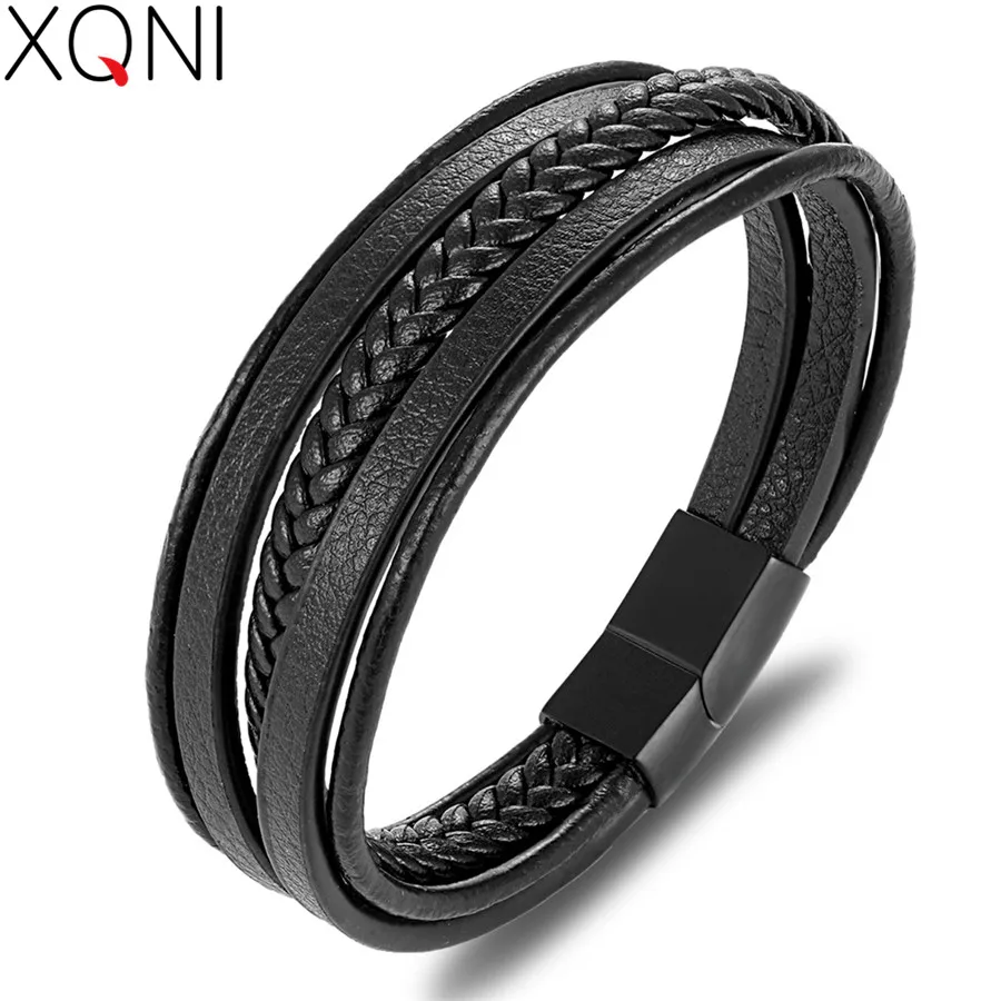 XQNI Trendy Men Jewelry Popular Black Color Genuine Leather Bracelet Multi-layer Design Charm Cuff Bangle For Handsome Boy Gift