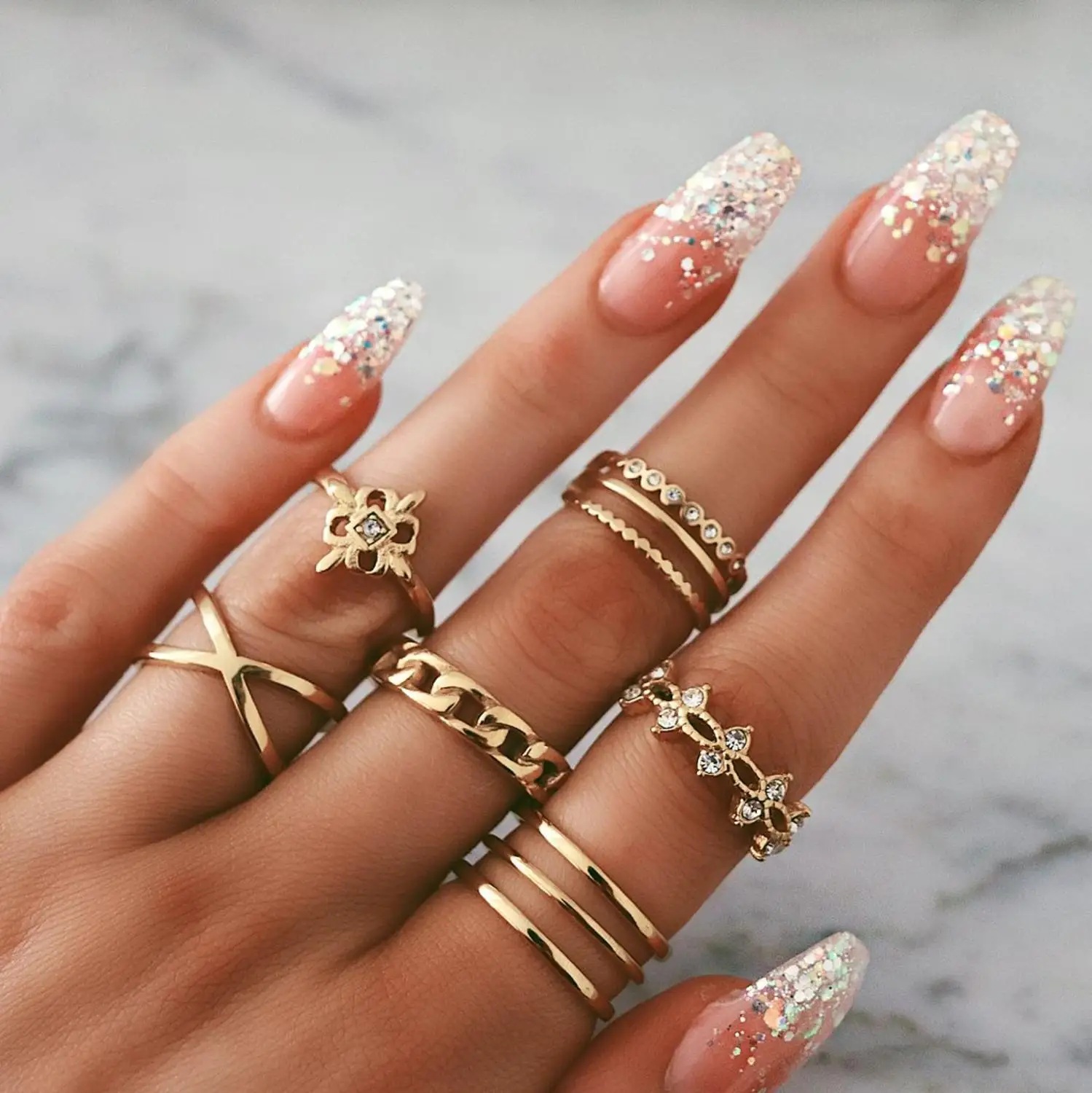 

8 Pcs/set Women Charm Crystal Cross Flower Geometric Gold Ring Bohemian Vintage Jewelry Party Gift Accessories
