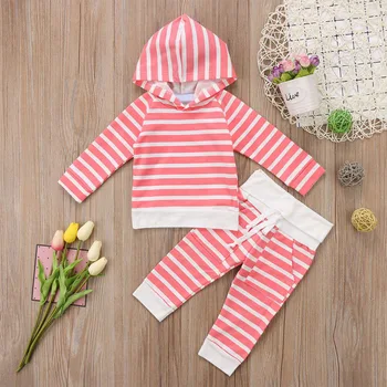 

Toddler Newborn Kids Baby Girl Boy Clothes 2PCS Striped Outfits Long Sleeve Hooded Sweatshirt Pants Cotton Casual Active Set