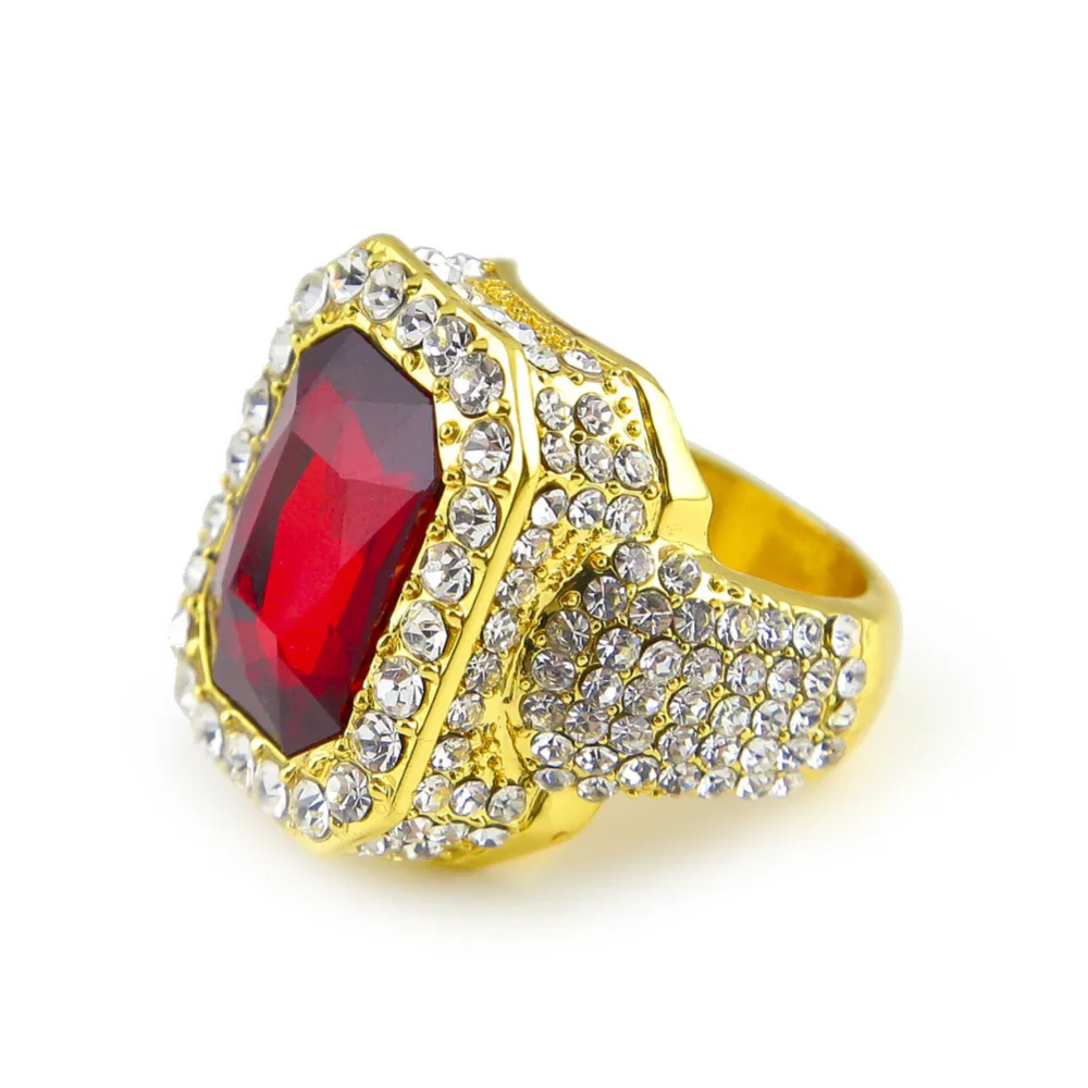 Men gold color Hip Hop Iced out Red Stone Cz Ring Size Available Luxury