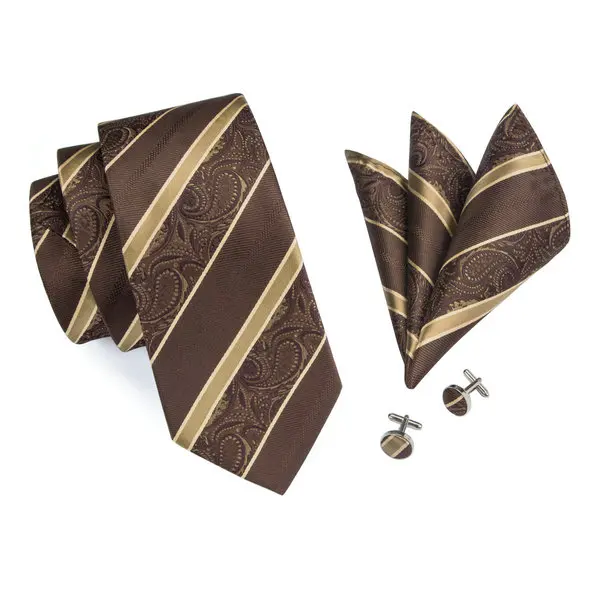 Новинка Для мужчин s галстук Darkgoldenrod полосой шелковой ткани галстук Ханки Запонки Набор нарасхват связей для Для мужчин Бизнес c-506