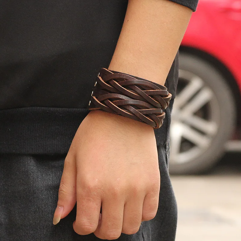 

kirykle Fashion Wide Genuine Leather Bracelet for Men Brown Wide Cuff Bracelets Bangle Wristband Vintage Punk Male Jewelry Gift