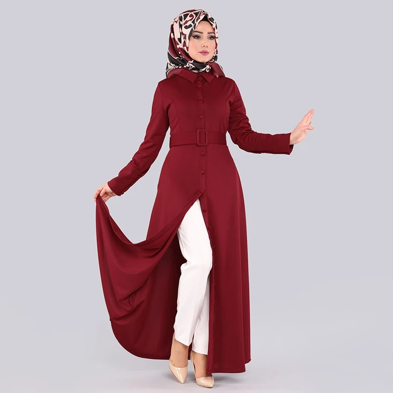 WEPBEL Arab Dubai Muslim Maxi Dress Casual Fashion Pure Color Long Sleeve Attached Belt Slim Fit Big Swing Lapel Islamic Apparel - Цвет: Red