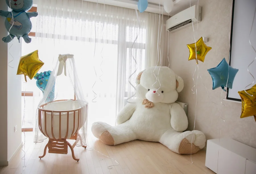 Laeacco Photo Backgrounds Baby Teddy Bear Birthday Party Star Balloon Gift Window Interior Photo Backdrop Photocall Photo Studio