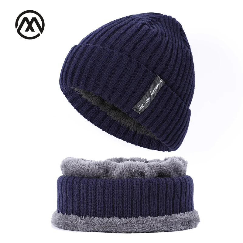 

New autumn and winter knitted cotton hats scarf warm and velvet thick men's and women's universal skull caps for male Beanies