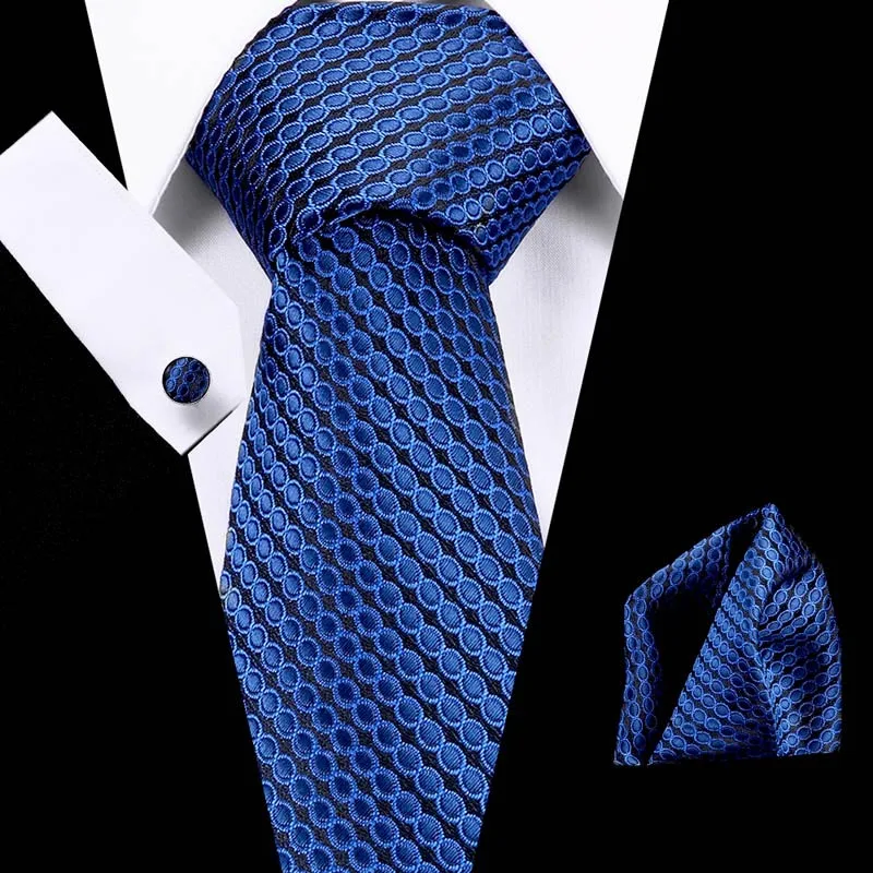 

New Designer 40 Colors Blue Sliver Men's Ties Hanky Cufflinks Set Silk Neck ties For Men Wedding Party Business Mens Tie