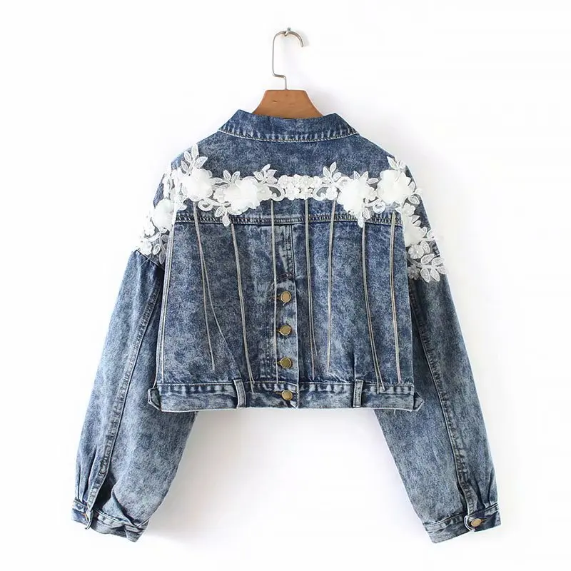 

2019 Spring Autumn Women Basic Jackets Short Denim Jacket Long Sleeve Flower Appliques Jean Coat Single Breasted Outerwear Coats