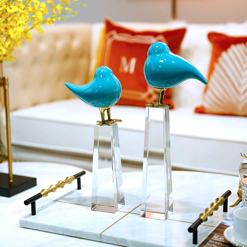 

Modern Creative Crystal ceramic blue birds statue vintage home decor crafts room decoration objects study office birds figurines