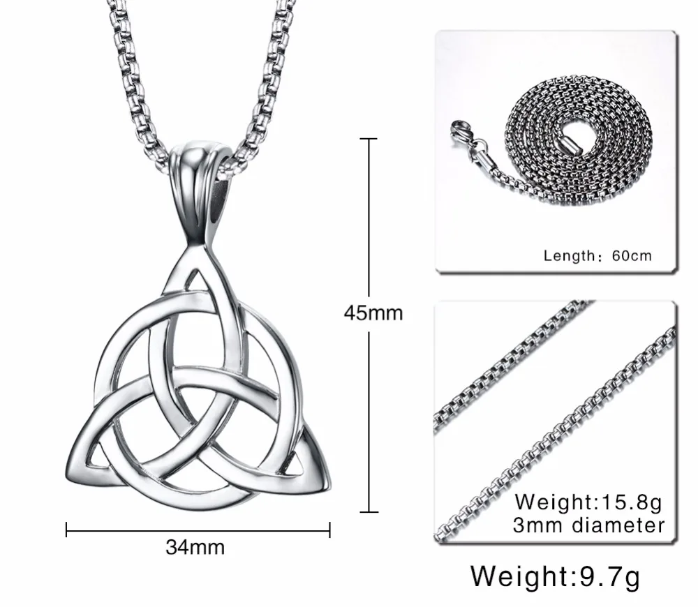 Mens Necklaces Irish Celtic Trinitys Knot Pendant Necklace in Silver Tone Stainless Steel Northern Europe Vintage Jewelry Colar Kolye Collane 13