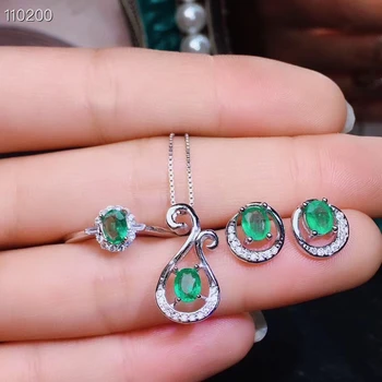 

Natural green emerald gem S925 silver ring Pendant earrings natural gemstone Jewelry Set Elegant moon girl gift fine jewelry