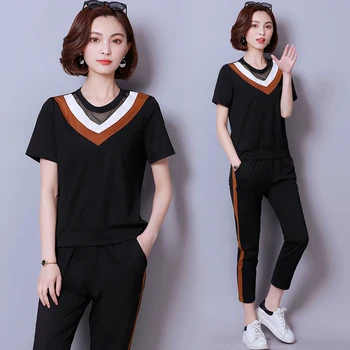 

Plus Size 4xl Two Piece Set Top And Pants Striped Casual Women's Summer Suit Ensemble Femme Survetement Shorts Set